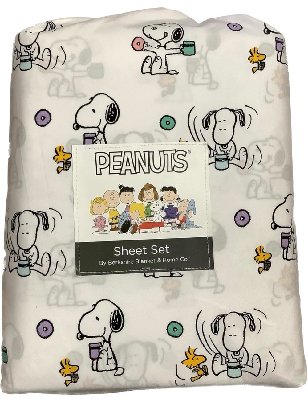 Peanuts Snoopy & Woodstock Full Sheet Set White w Purple, Teal, Yellow Accents